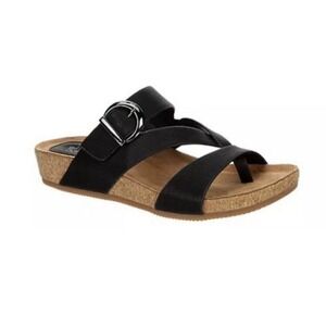 Eurosoft Gladis Leather Thong Sandals Size 9 Black Cork Footbed Comfort Slide